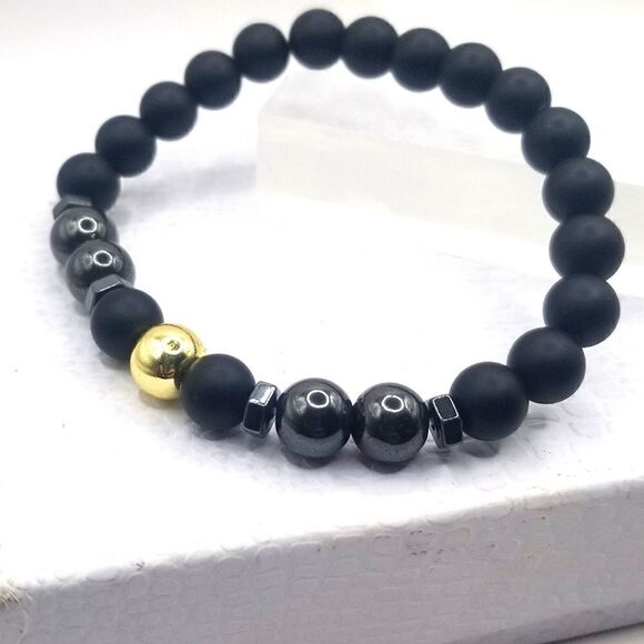 Anti swelling black obsidian stretch stone bracelet. - Picture 3 of 8